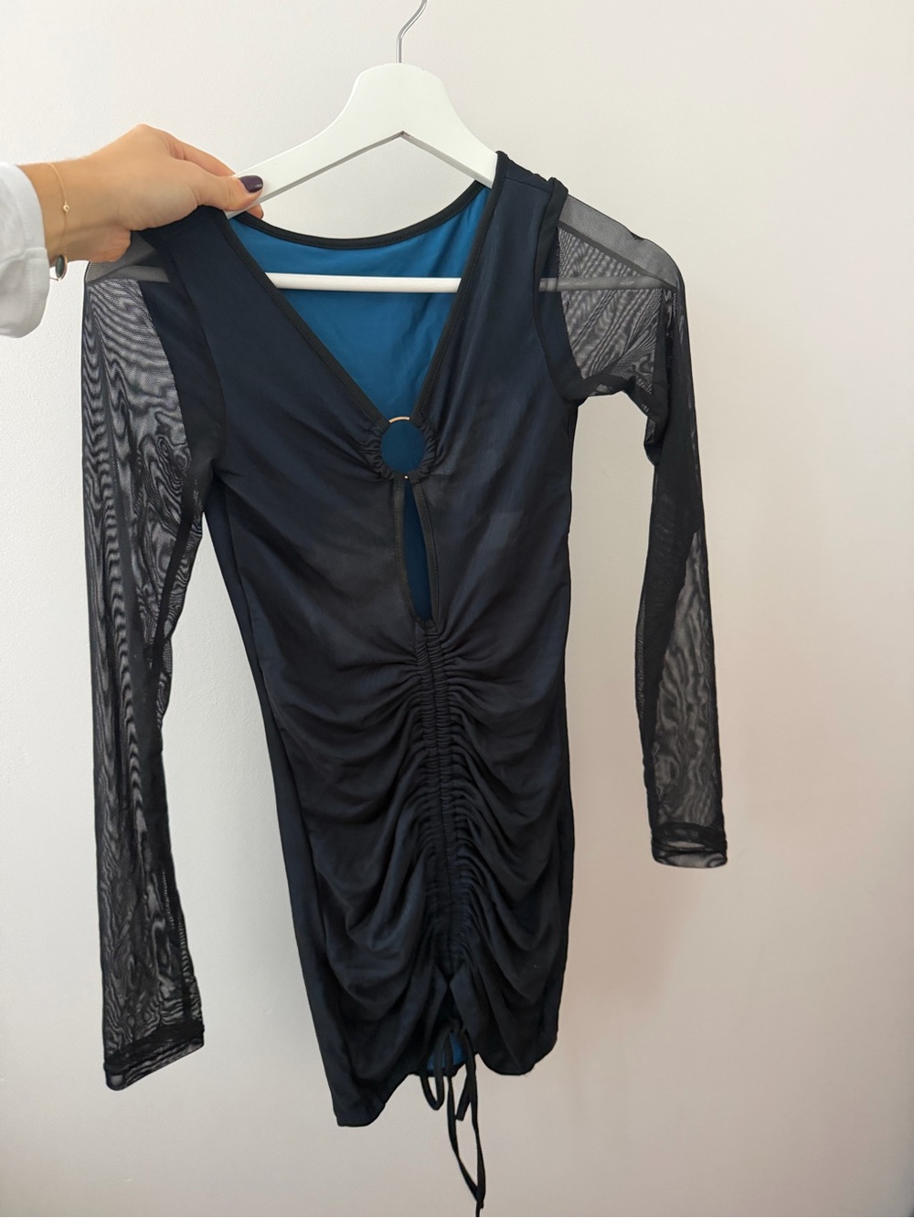 Black Ruched Mesh Long Sleeve Dress